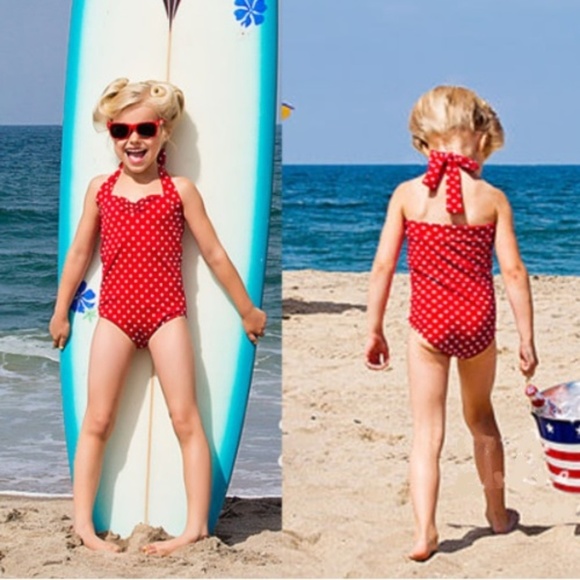 Girl Swimsuit, One Piece Polka Dot Halter, Red - Picture 1 of 5